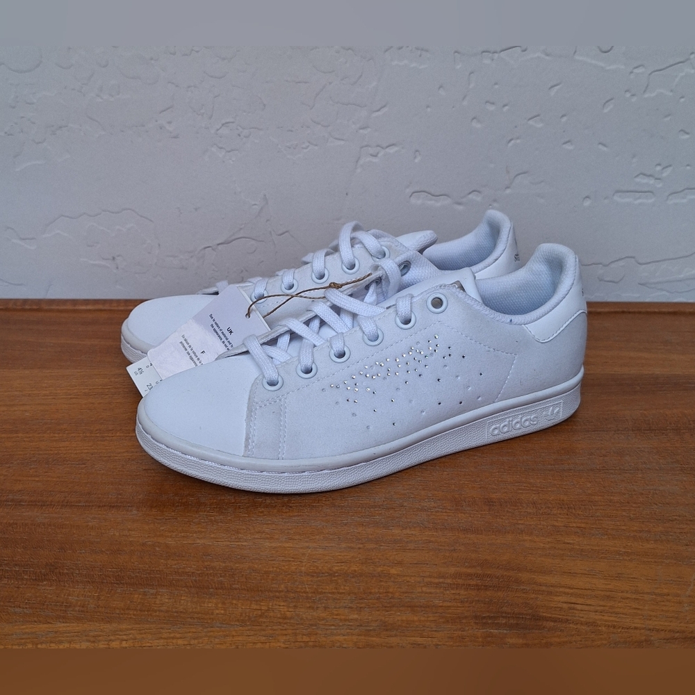 adidas Stan Smith Sneakers Rhinestone Lace Up Sparkle White NEW Kids 4.5